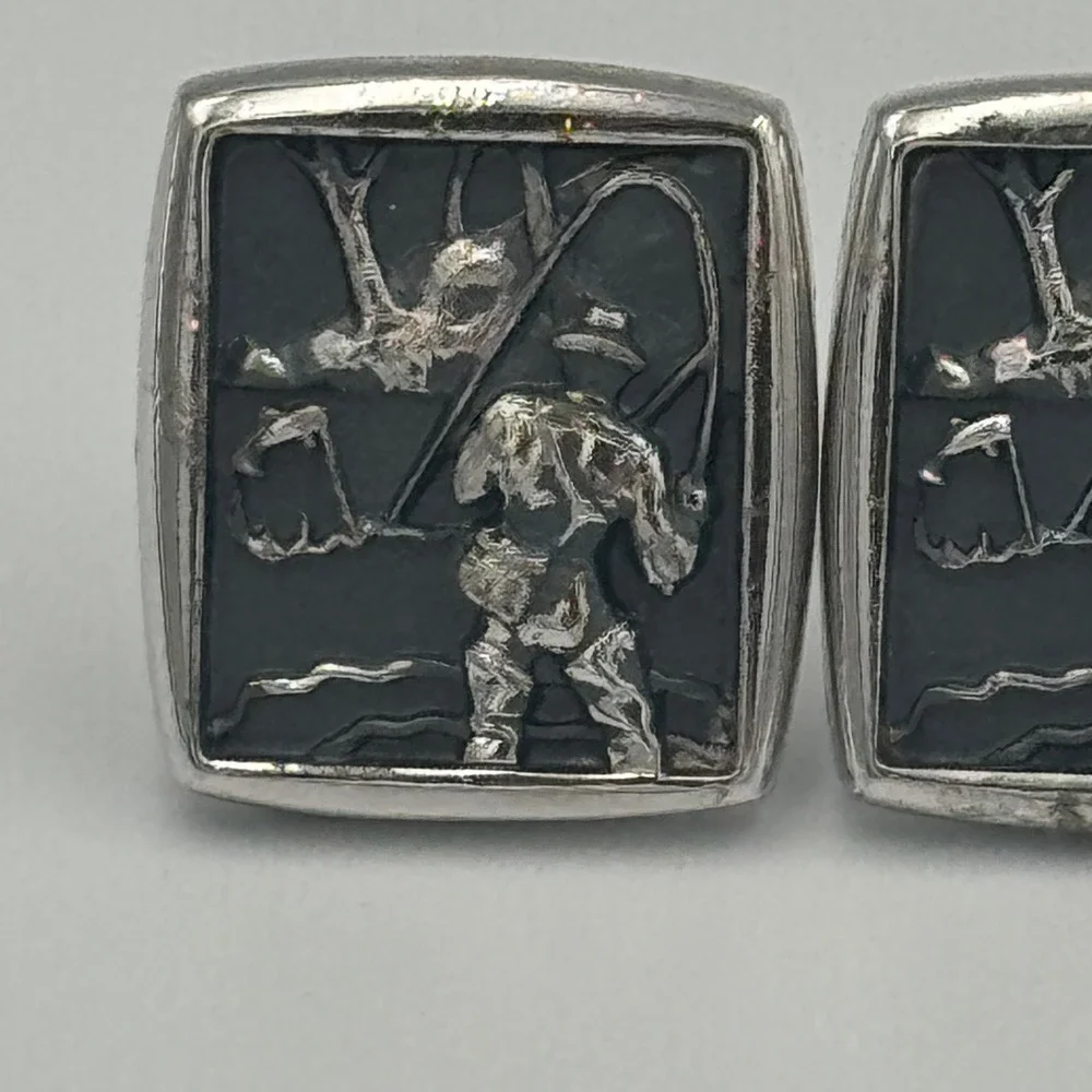 Silver Tone Fly Fisherman Cufflinks Mens Rectangular Fishing Scene‎
